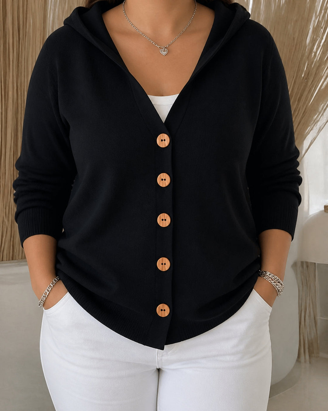 Hyacinth | Women's Hooded A-Line Button Cardigan with Ribbed Trim