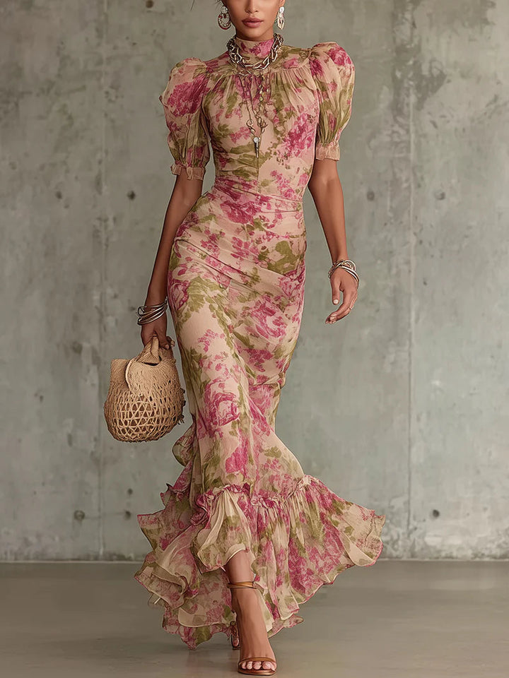 Imogen | Women’s Vintage Rose Puff-Sleeve Maxi Dress