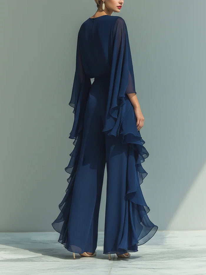 Claudia | Women’s Chiffon-Style Ruffle Sleeve Top & Wide-Leg Trouser Set