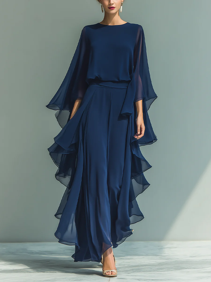 Claudia | Women’s Chiffon-Style Ruffle Sleeve Top & Wide-Leg Trouser Set
