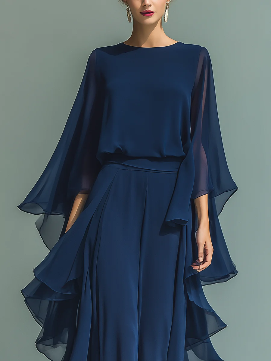 Claudia | Women’s Chiffon-Style Ruffle Sleeve Top & Wide-Leg Trouser Set