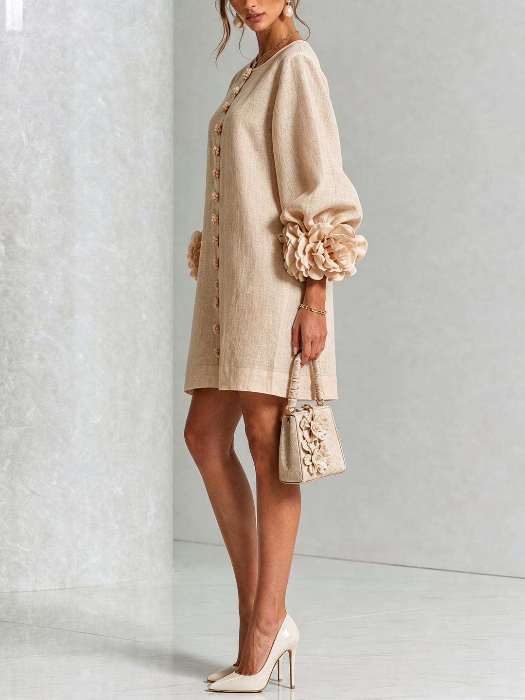 Rosalie | Women’s Sculptural Mini Shift Dress with Rosette Cuffs
