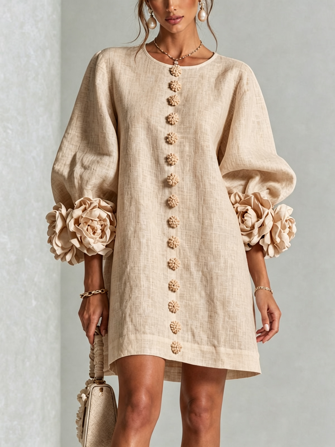 Rosalie | Women’s Sculptural Mini Shift Dress with Rosette Cuffs