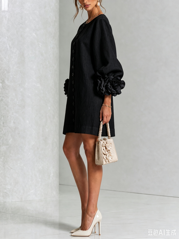 Rosalie | Women’s Sculptural Mini Shift Dress with Rosette Cuffs
