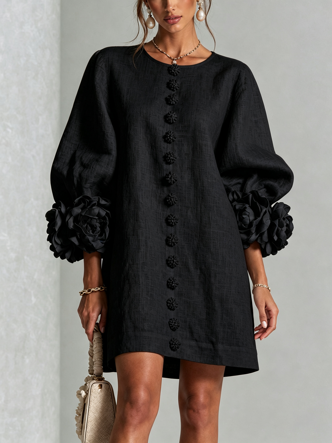 Rosalie | Women’s Sculptural Mini Shift Dress with Rosette Cuffs