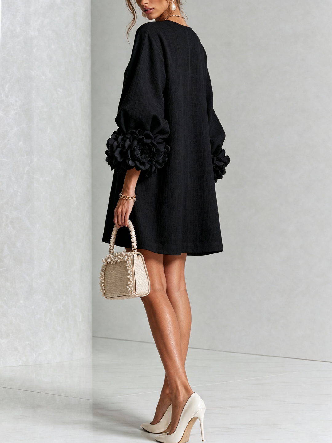 Rosalie | Women’s Sculptural Mini Shift Dress with Rosette Cuffs