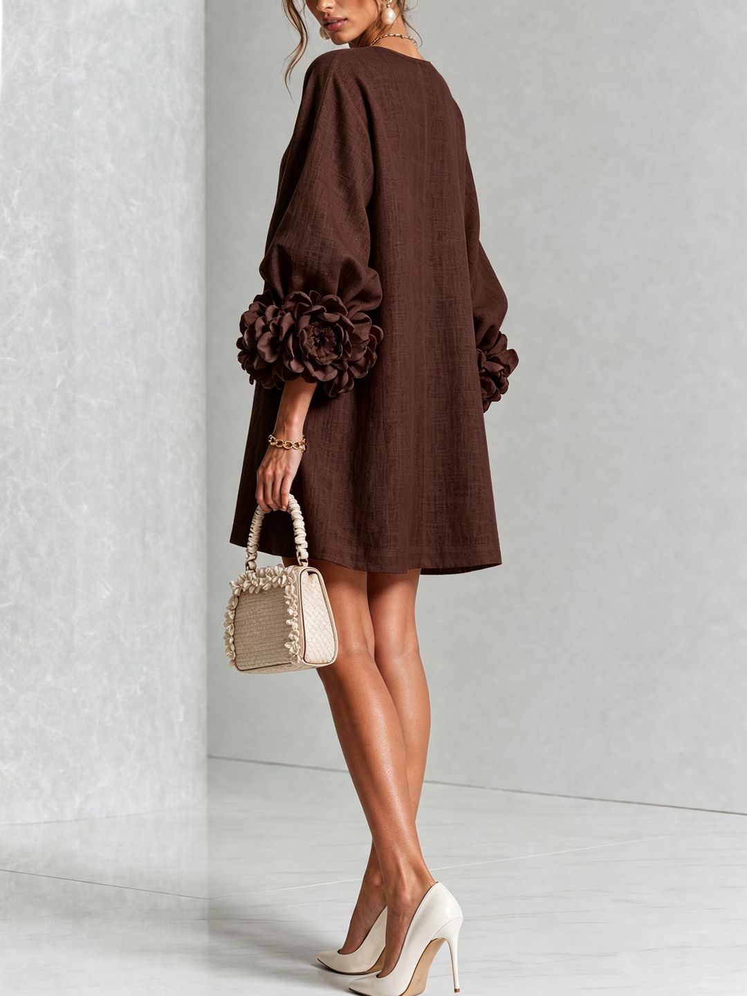 Rosalie | Women’s Sculptural Mini Shift Dress with Rosette Cuffs