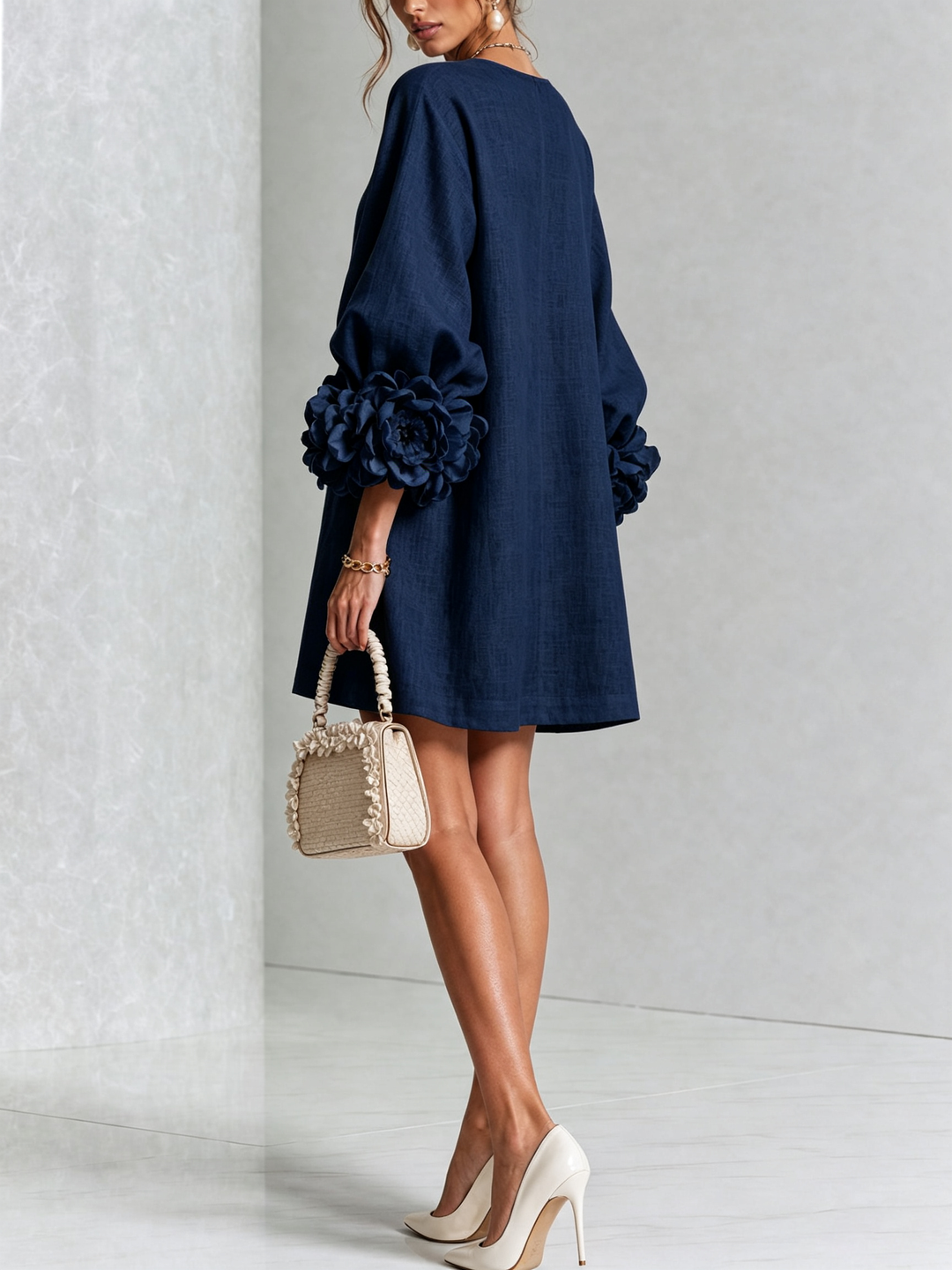 Rosalie | Women’s Sculptural Mini Shift Dress with Rosette Cuffs
