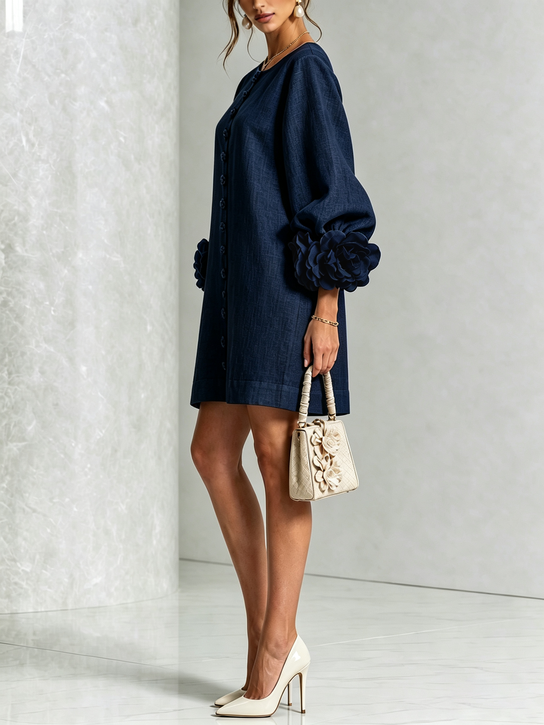 Rosalie | Women’s Sculptural Mini Shift Dress with Rosette Cuffs