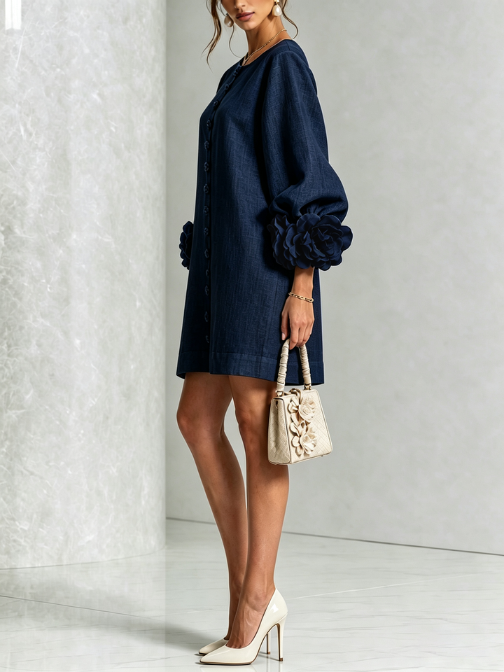 Rosalie | Women’s Sculptural Mini Shift Dress with Rosette Cuffs