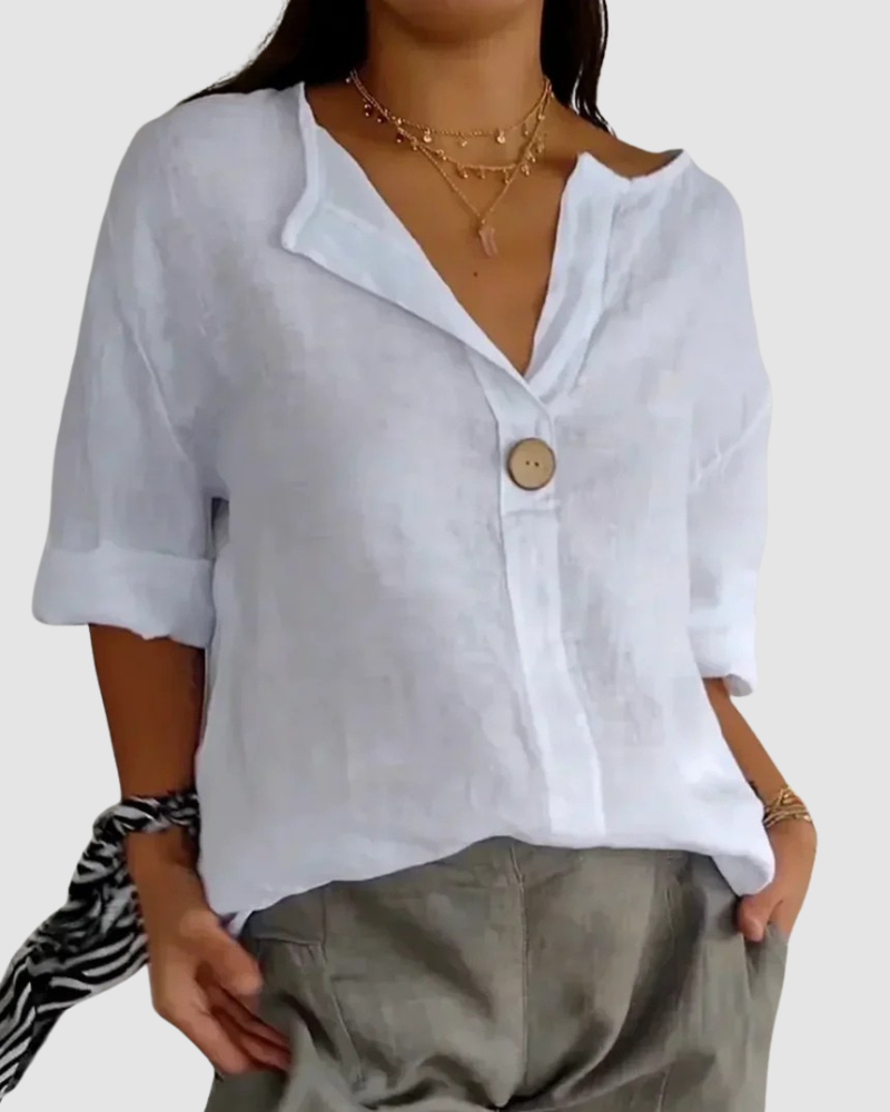 Caroline | Women’s Relaxed V-Neck Cotton-Linen Blouse