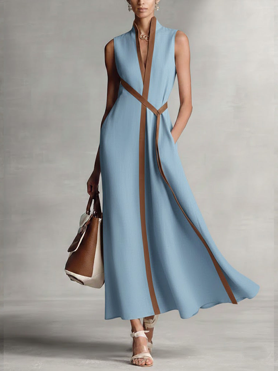 Georgina | Women’s Sleeveless Contrast-Trim Belted Maxi Dress