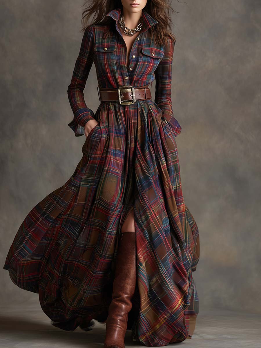 Marianne | Women’s Belted Plaid Shirt Maxi Dress
