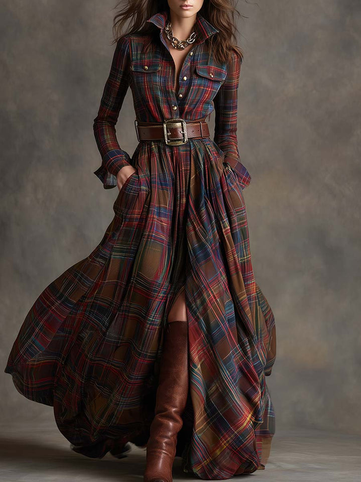 Marianne | Women’s Belted Plaid Shirt Maxi Dress