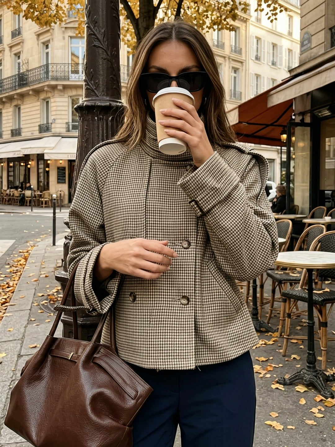 Beatrice | Women’s Cropped Houndstooth Stand-Collar Jacket