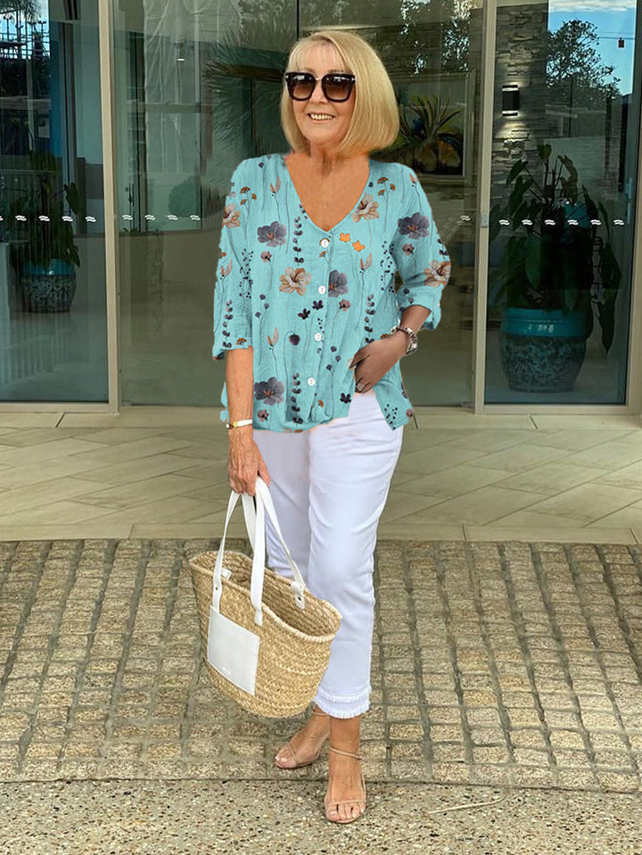 Lucinda | Women’s Floral Button-Up Drape Blouse