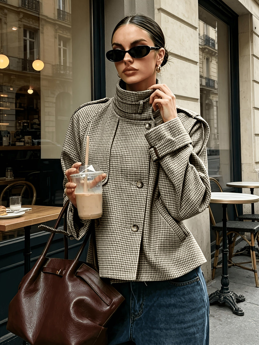 Beatrice | Women’s Cropped Houndstooth Stand-Collar Jacket