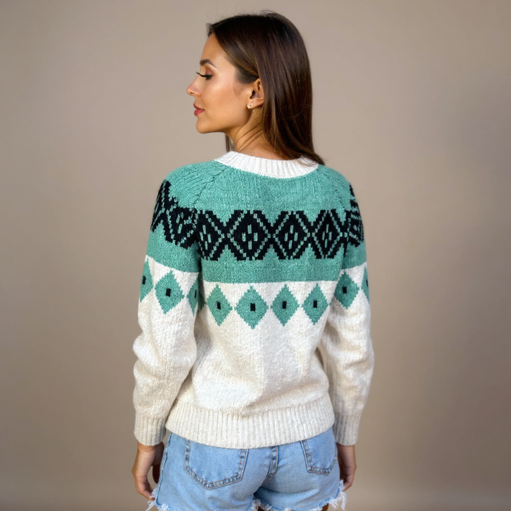Susannah | Women's Cream and Teal Nordic-Pattern Cardigan