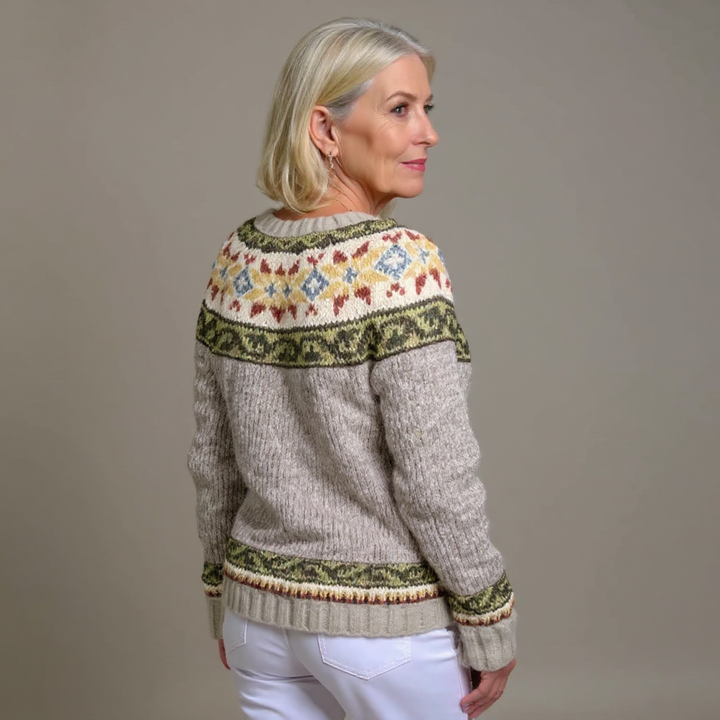 Lavinia | Women's Vintage-Style Nordic Cardigan with Patterned Sleeves
