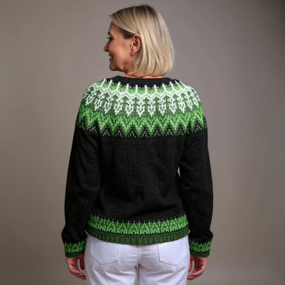 Leonora | Women's Black and Green Retro Nordic-Pattern Cardigan