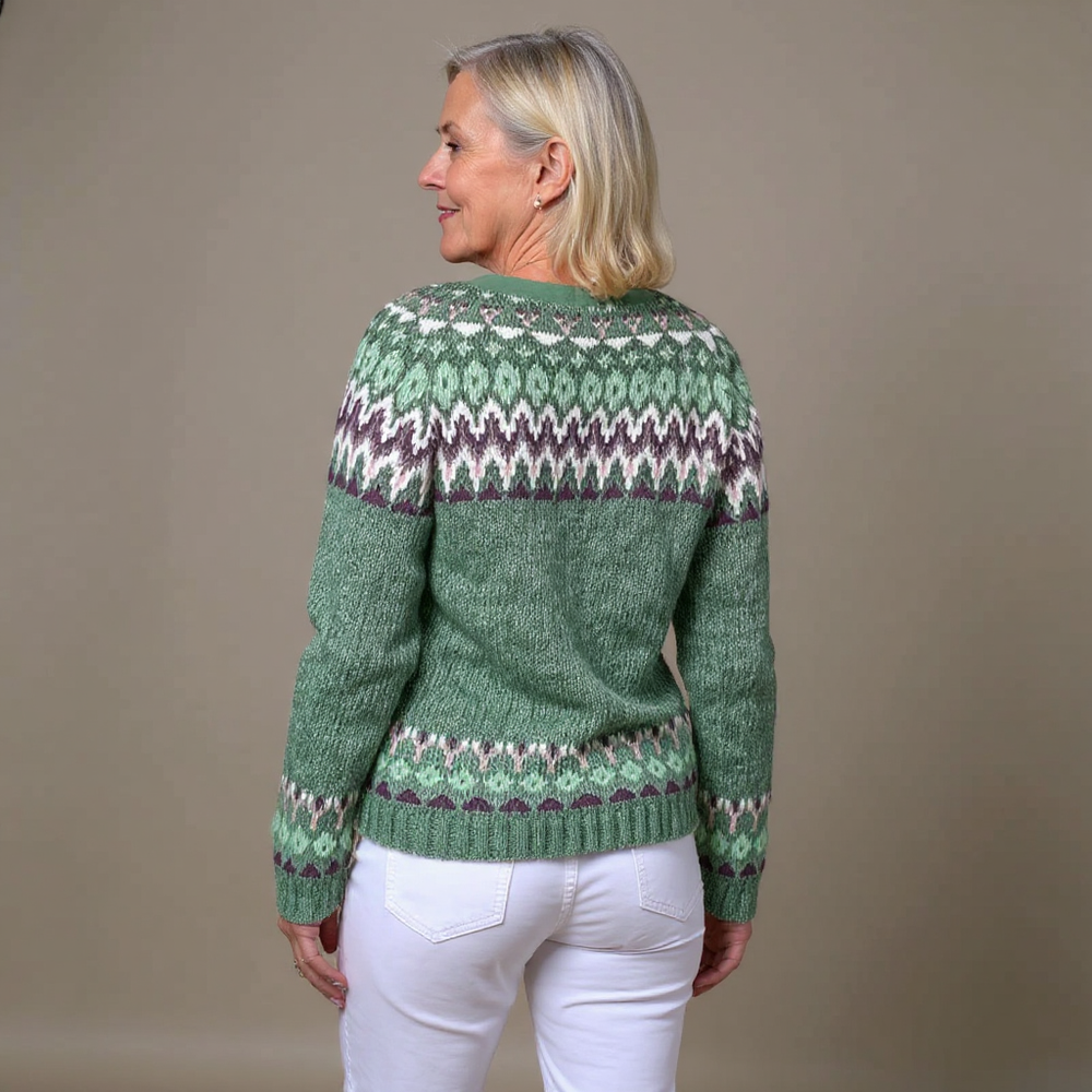 Tamsin | Women's Sage Green Retro Nordic-Pattern Cardigan