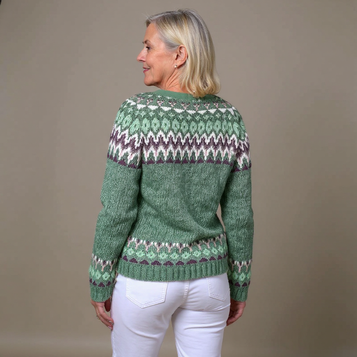 Tamsin | Women's Sage Green Retro Nordic-Pattern Cardigan