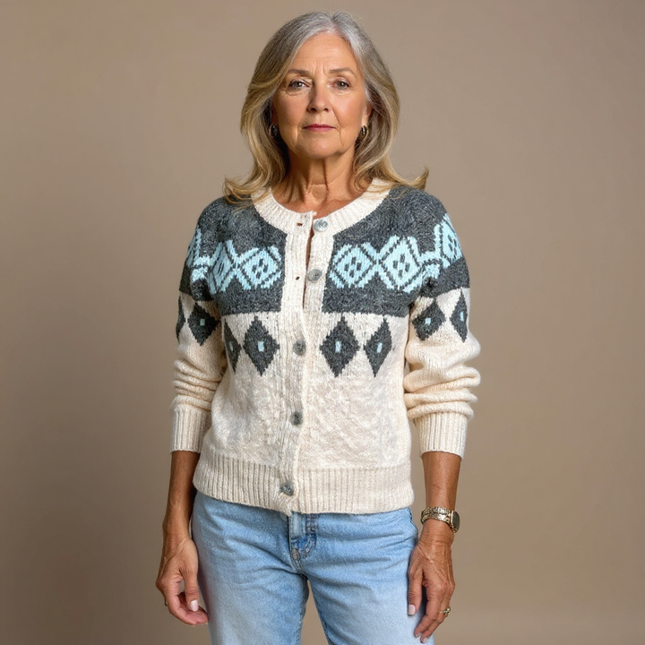 Katherine | Women's Cream Retro Nordic-Pattern Cardigan