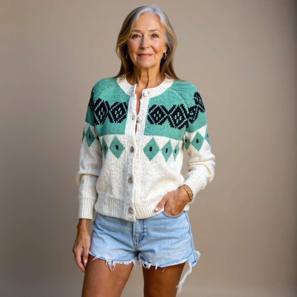 Susannah | Women's Cream and Teal Nordic-Pattern Cardigan