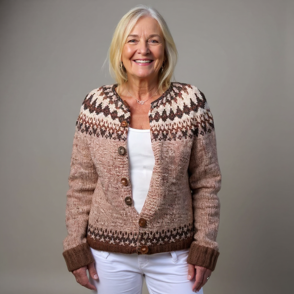 Meredith | Women's Mocha Retro Nordic-Pattern Cardigan