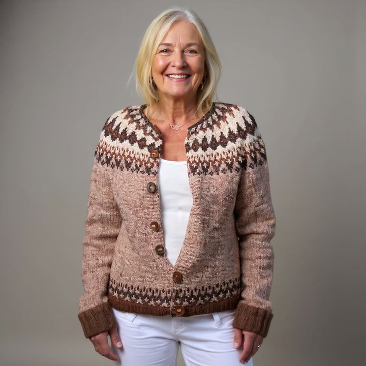 Meredith | Women's Mocha Retro Nordic-Pattern Cardigan