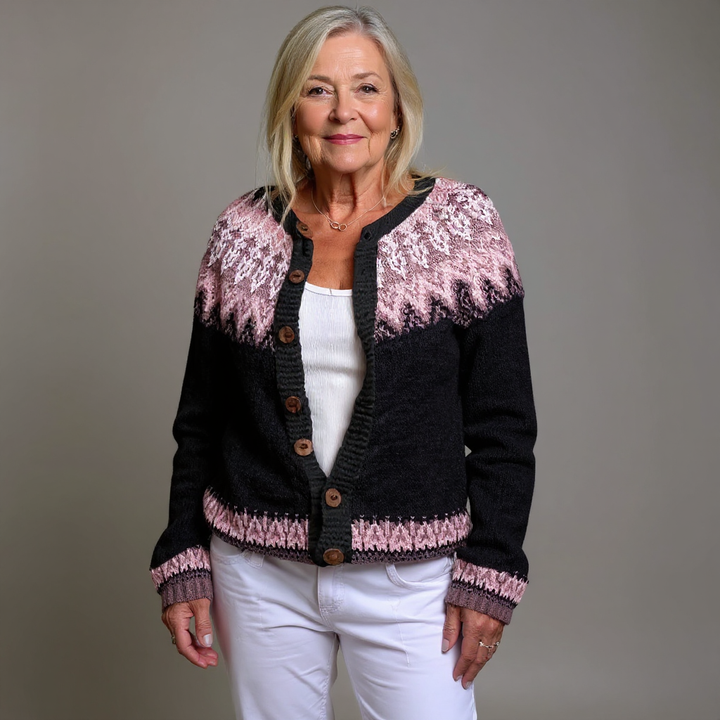 Gloria | Women's Black and Pink Vintage-Style Nordic Cardigan