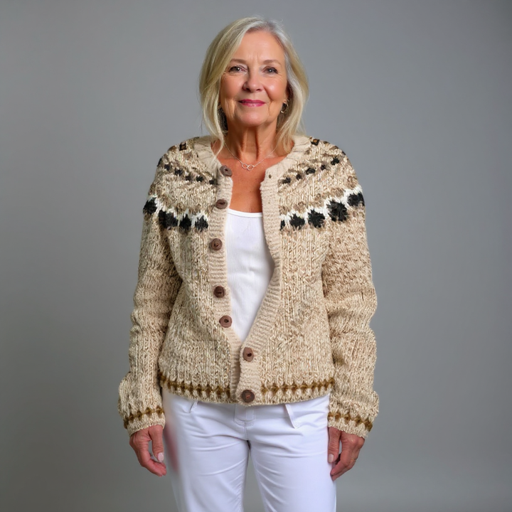 Nell | Women's Beige Nordic-Pattern Cardigan