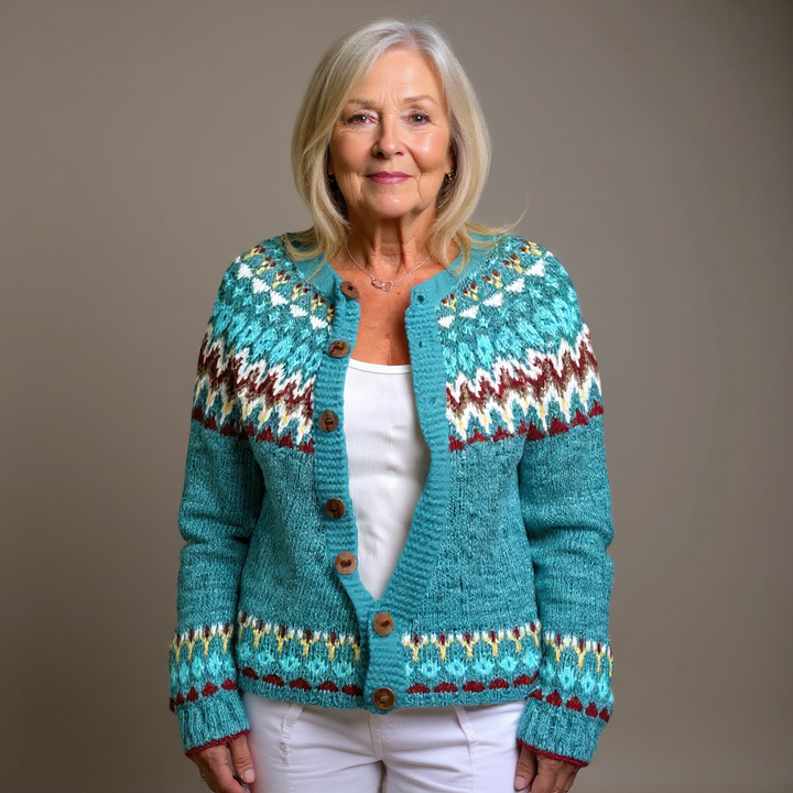 Edwina | Women's Teal Nordic-Pattern Cardigan