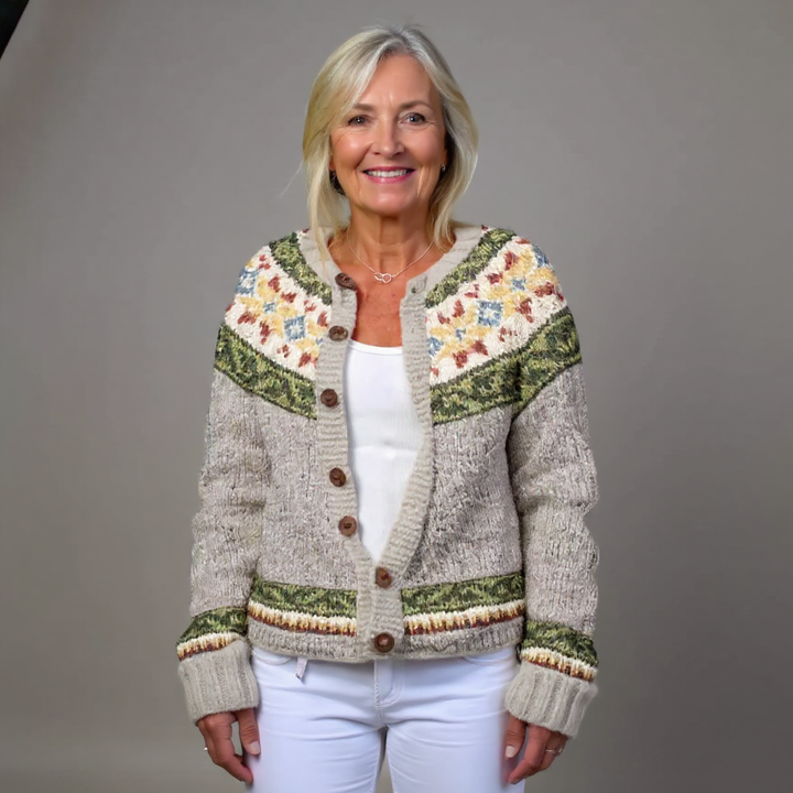 Lavinia | Women's Vintage-Style Nordic Cardigan with Patterned Sleeves