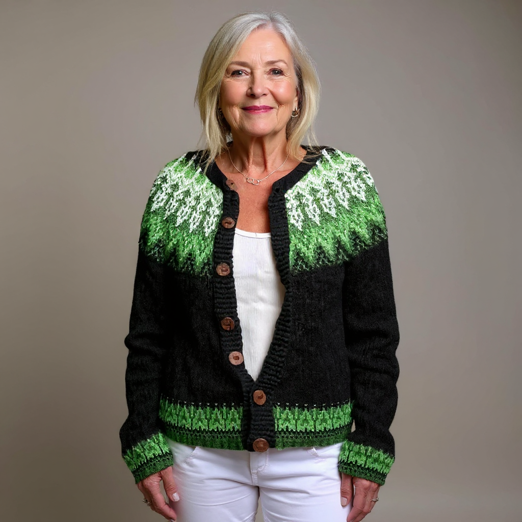Leonora | Women's Black and Green Retro Nordic-Pattern Cardigan