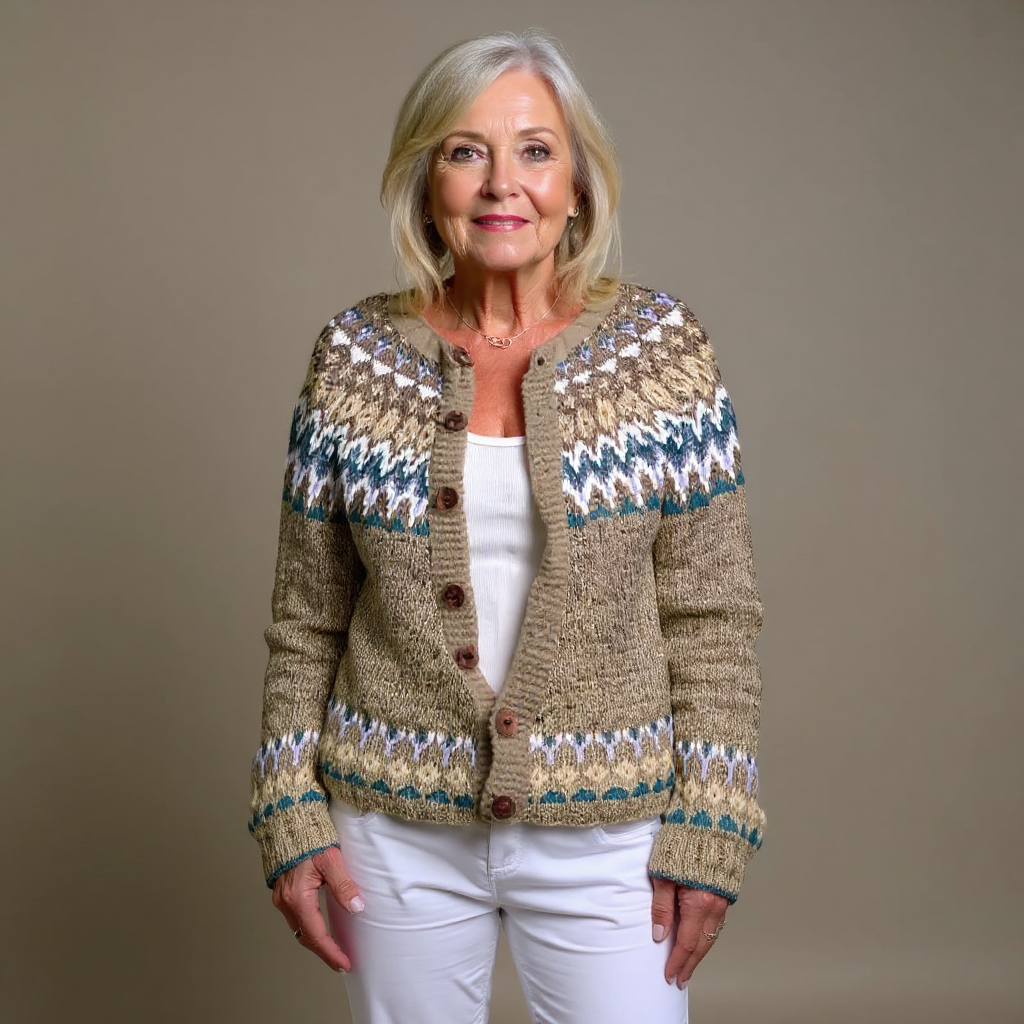 Jessamy | Women's Oatmeal Nordic-Pattern Cardigan