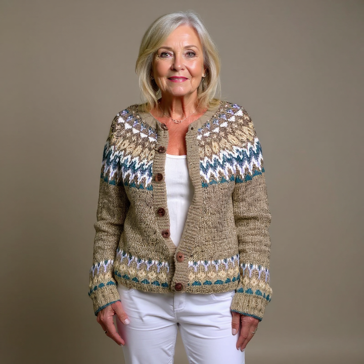 Jessamy | Women's Oatmeal Nordic-Pattern Cardigan