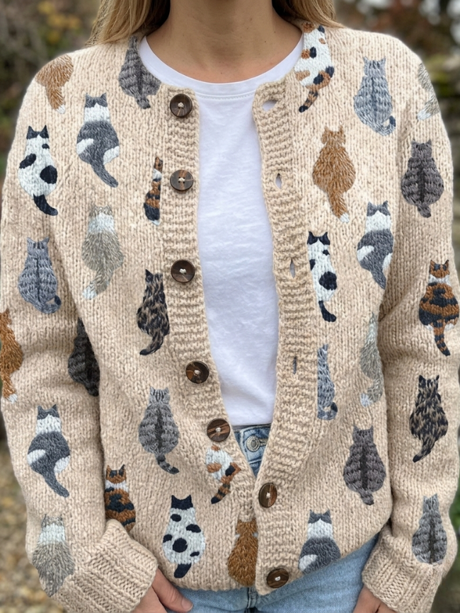 Fiona | Women’s Cat Print Button-Front Cardigan
