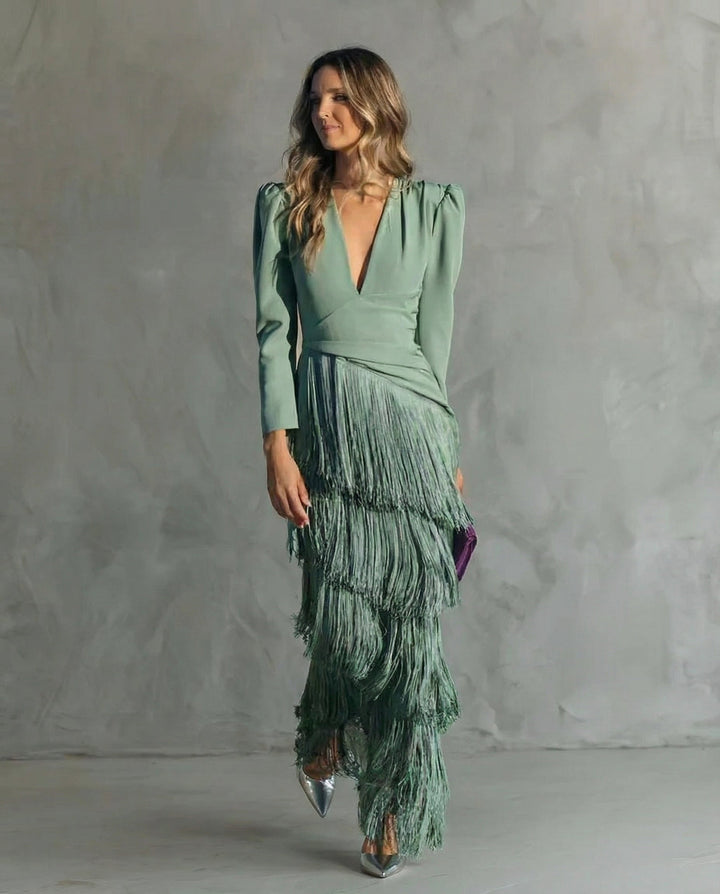 Matilda | Women’s V-Neck Fringe-Sleeve Maxi Dress