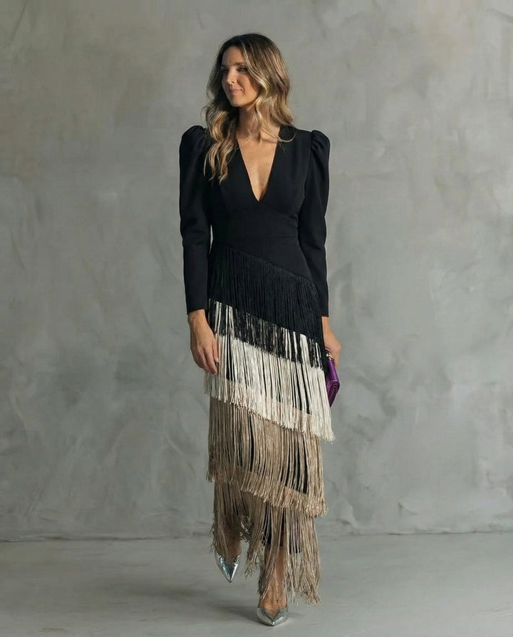 Matilda | Women’s V-Neck Fringe-Sleeve Maxi Dress