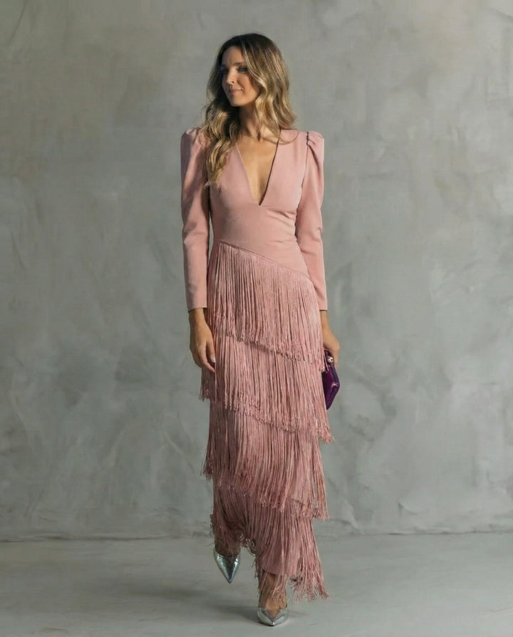 Matilda | Women’s V-Neck Fringe-Sleeve Maxi Dress