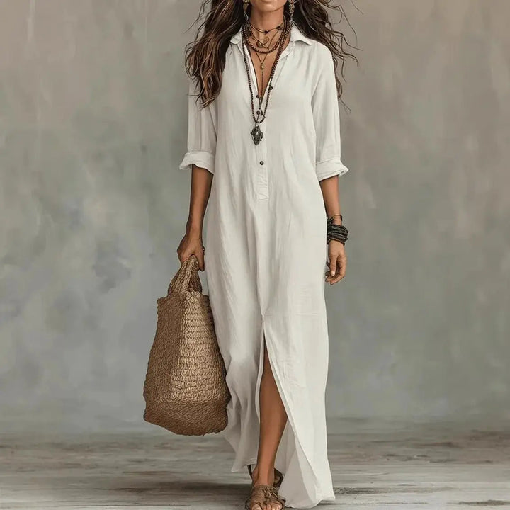 Cressida | Women’s Linen-Blend Button-Front Collared Maxi Shirt Dress