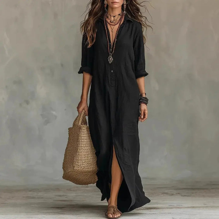 Cressida | Women’s Linen-Blend Button-Front Collared Maxi Shirt Dress