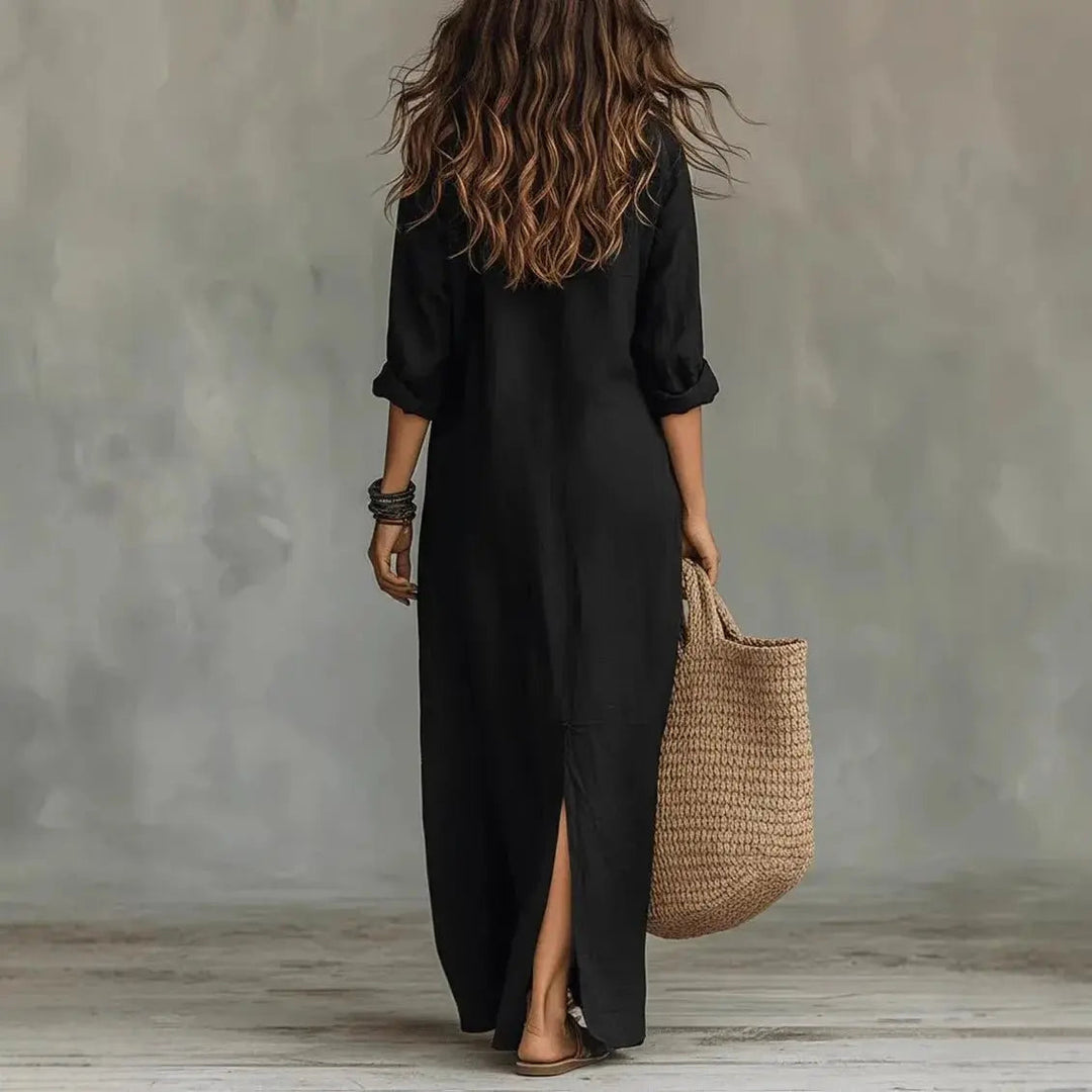 Cressida | Women’s Linen-Blend Button-Front Collared Maxi Shirt Dress