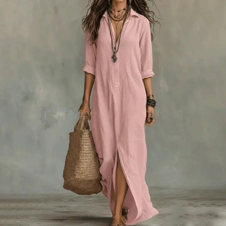 Cressida | Women’s Linen-Blend Button-Front Collared Maxi Shirt Dress