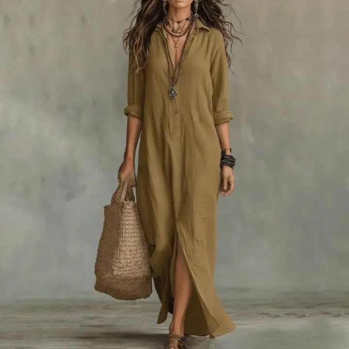 Cressida | Women’s Linen-Blend Button-Front Collared Maxi Shirt Dress