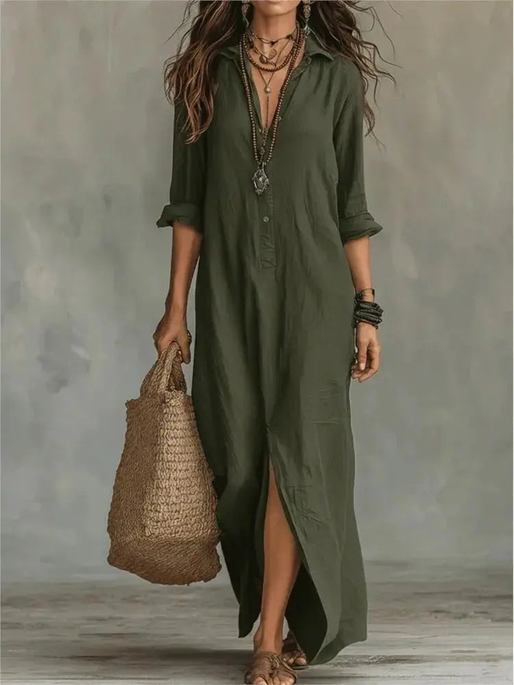 Cressida | Women’s Linen-Blend Button-Front Collared Maxi Shirt Dress