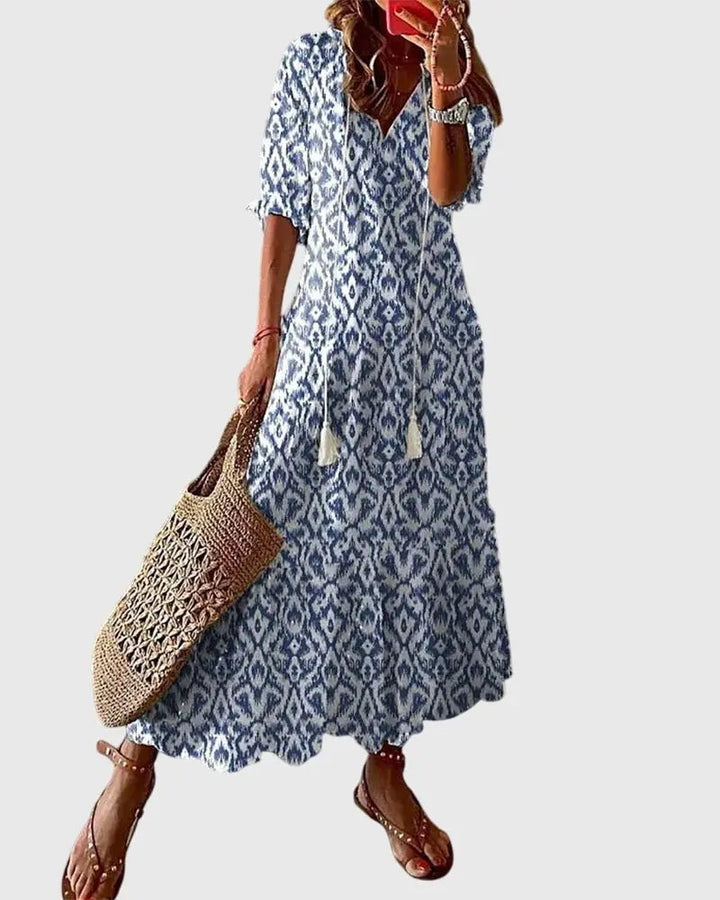 Cordelia | Women’s V-Neck Bohemian Ikat Print Maxi Dress