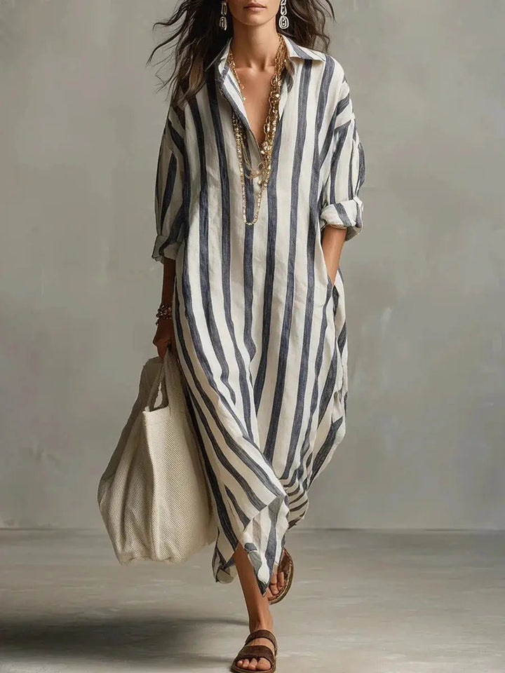 Arabella | Women’s Striped V-Neck Button-Front Maxi Shirt Dress