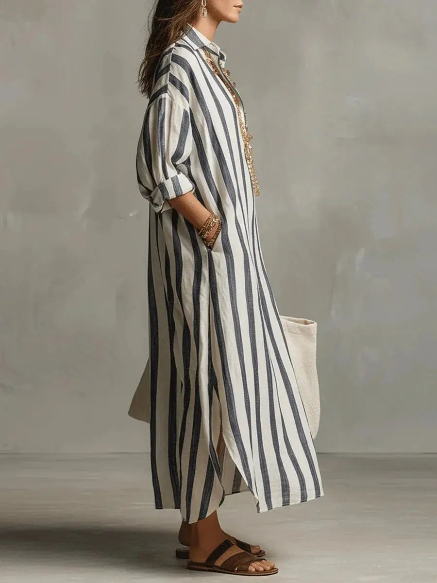 Arabella | Women’s Striped V-Neck Button-Front Maxi Shirt Dress